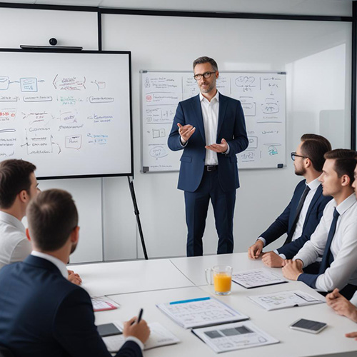 Professional presenting strategy to colleagues in a boardroom