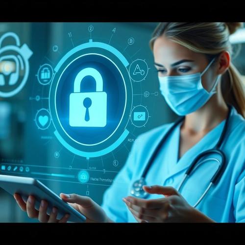 Nurse using tablet with healthcare data lock icons.