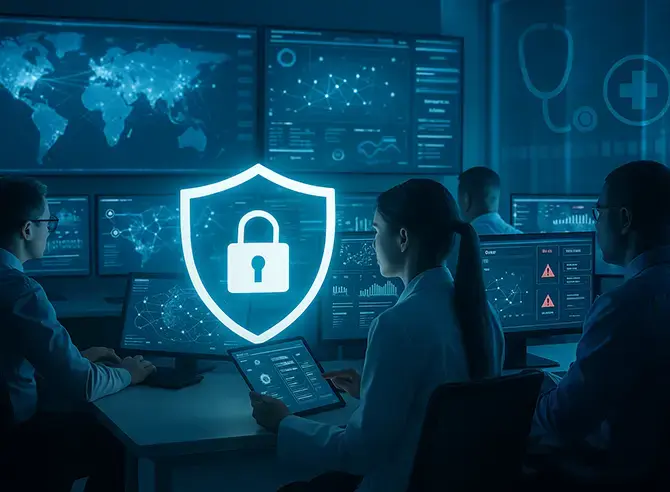 Cybersecurity team protecting data in control center.