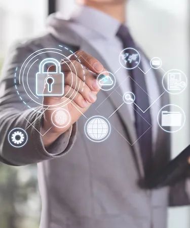 Businessman selecting digital data security options.