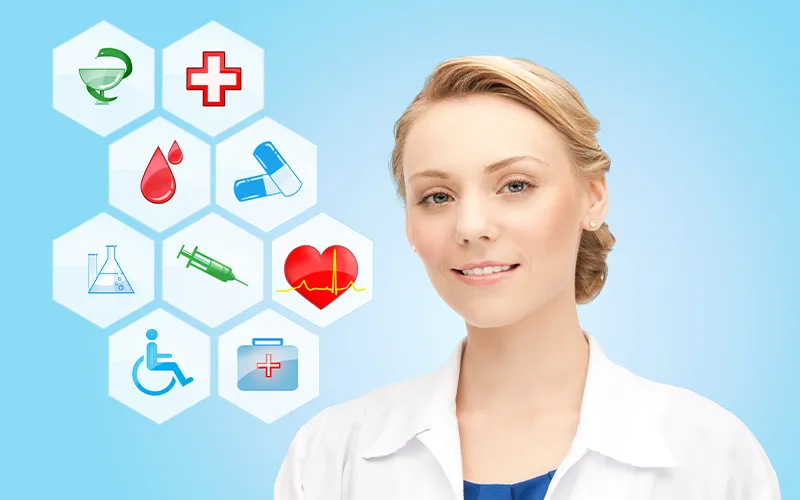 Smiling healthcare professional with medical icons background.