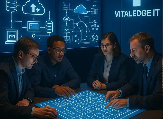 VitalEdge IT team analyzing network infrastructure blueprints.