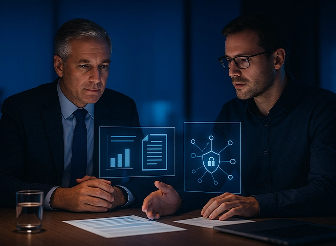 Businessmen reviewing data and cybersecurity analytics.