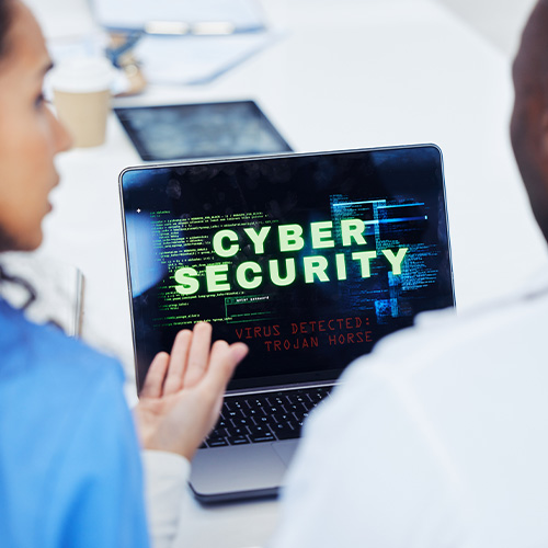 Cyber security, laptop and hospital nurse doctors with tech problem, malware virus or trojan horse.