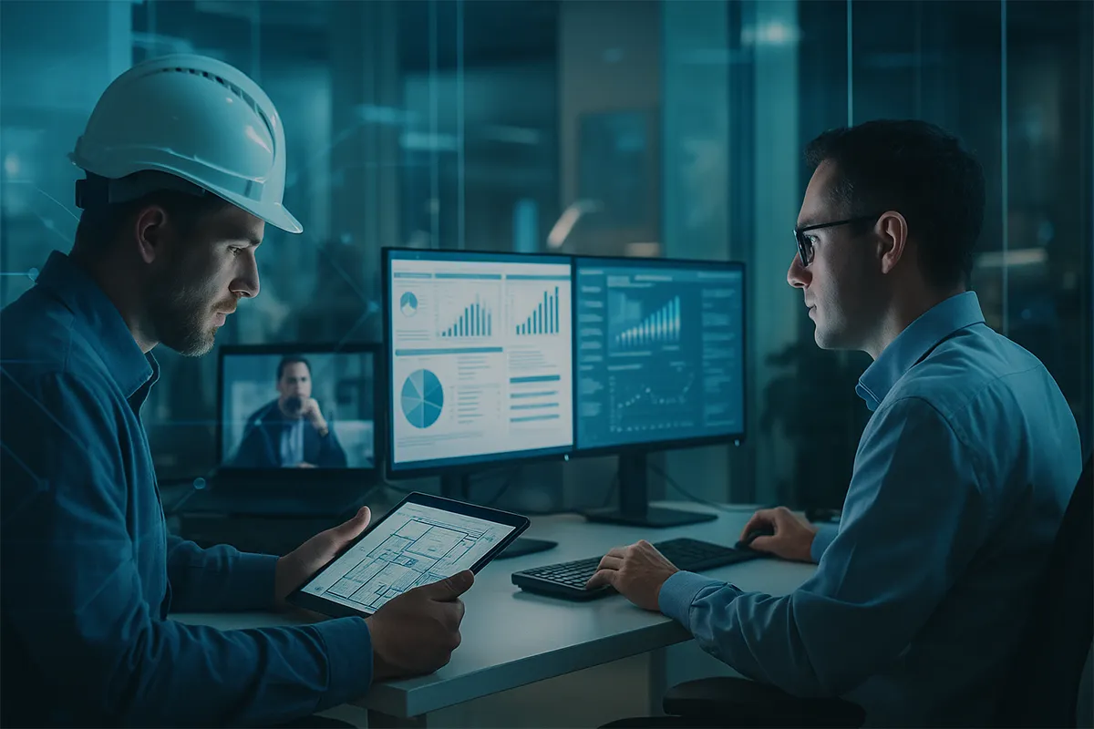 Two professionals analyzing data on computers and tablet.