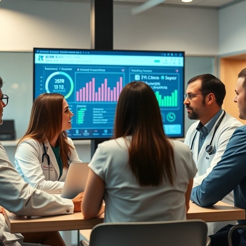 Doctors in meeting analyzing colorful patient data dashboard