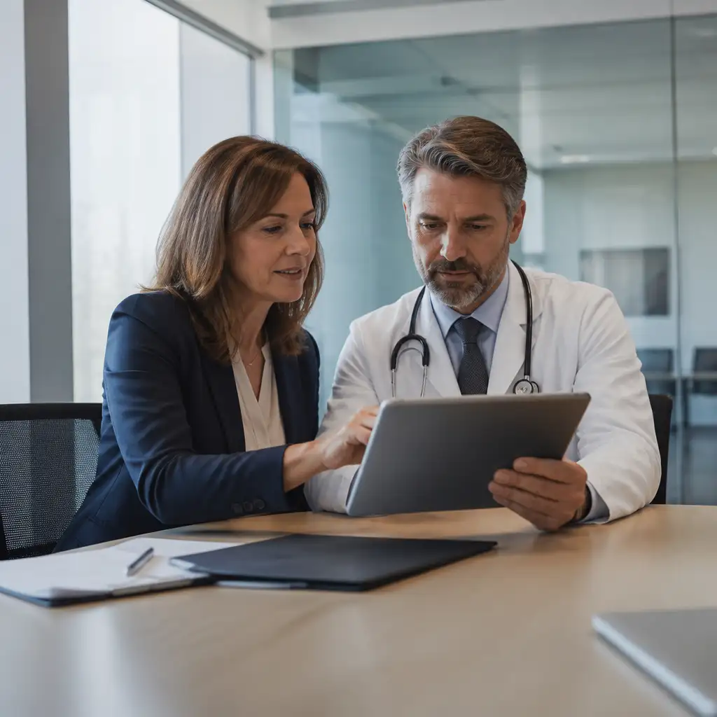 Woman and doctor reviewing tablet in conference room