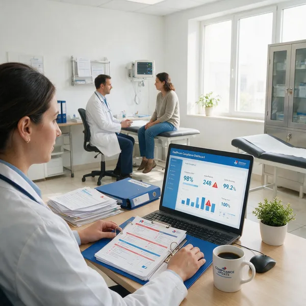 Doctor talking to patient. A computer screen with Hipaa compliance dashboard in display